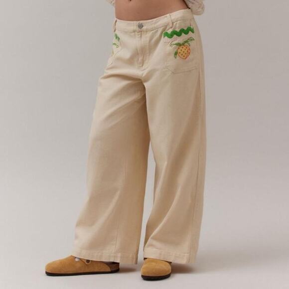 NEW UO Strawberry Print Embroidered Cream Joey Wide Leg Oversized Pant Sz 2 - Picture 12 of 12